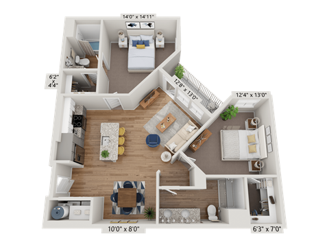 Floor plan for 2 beds, 2 baths, 1031 sqft